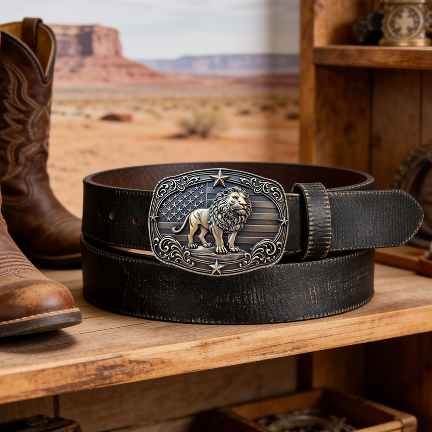 GRAERRY Western Belt Buckles for Men, 3D Lion American Flag, Vintage Zinc Alloy, Cowboy Rodeo Belt Buckle Accessory (Bronze)
