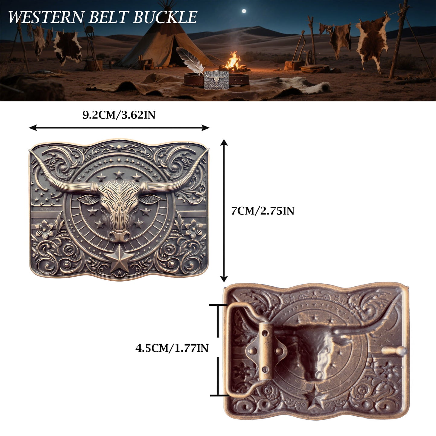 GRAERRY Cowboy Belt Buckle for Men Women Vintage Rodeo Texas Longhorn bull American Flag Western Belt Buckles(Bronze)