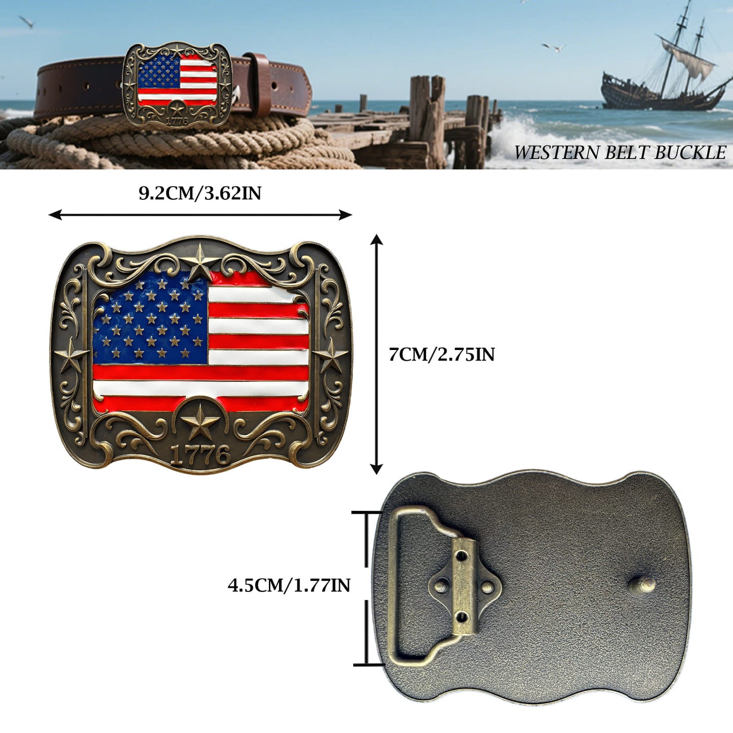 GRAERRY Western Belt Buckle for Men Women Vintage Rodeo American Flag 1776 Cowboy Belt Buckles 4th of July Parties (Color Bronze)