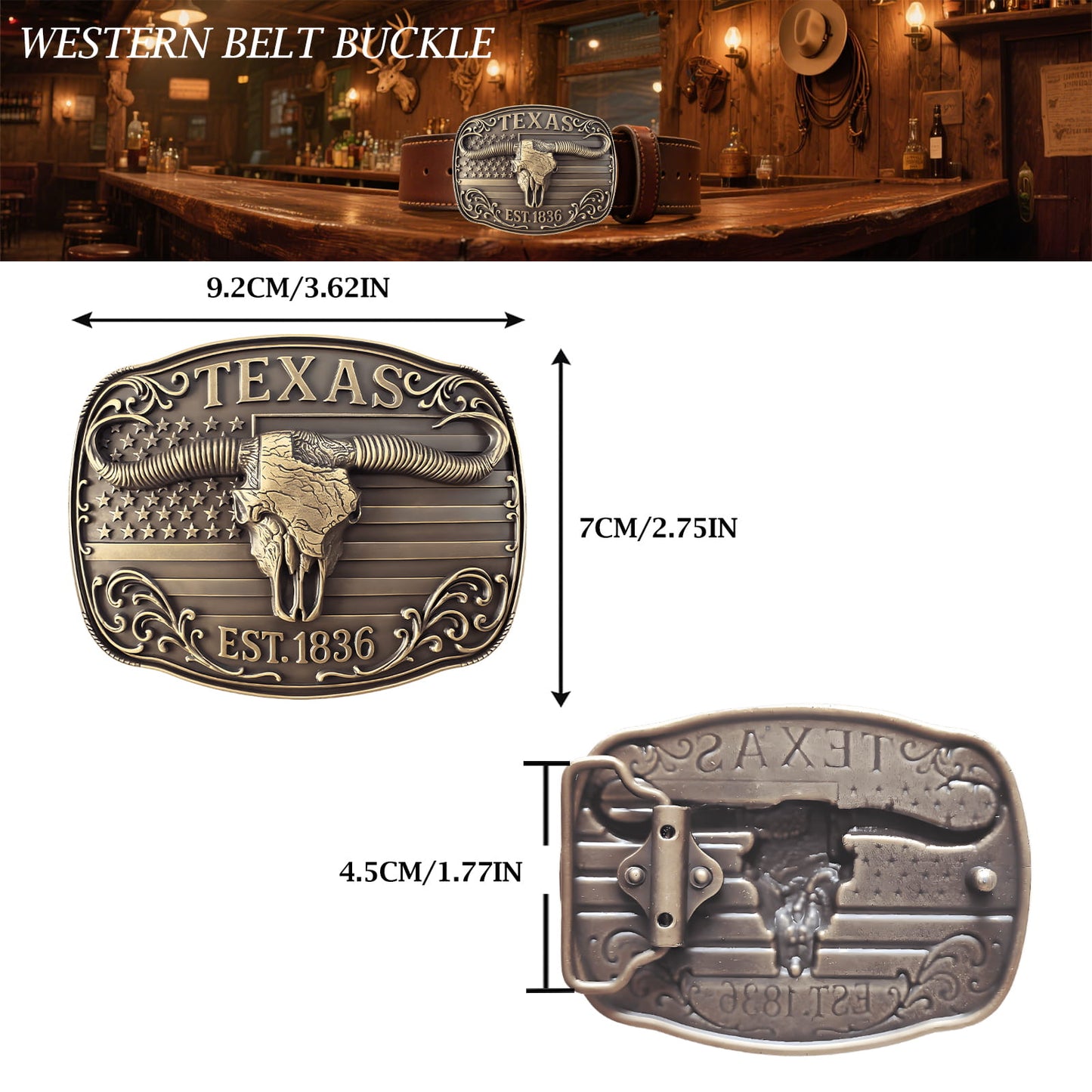 GRAERRY Cowboy Belt Buckle for Men Women Vintage Rodeo Texas Map 1836 Longhorn bull Western Belt Buckles (Bronze)