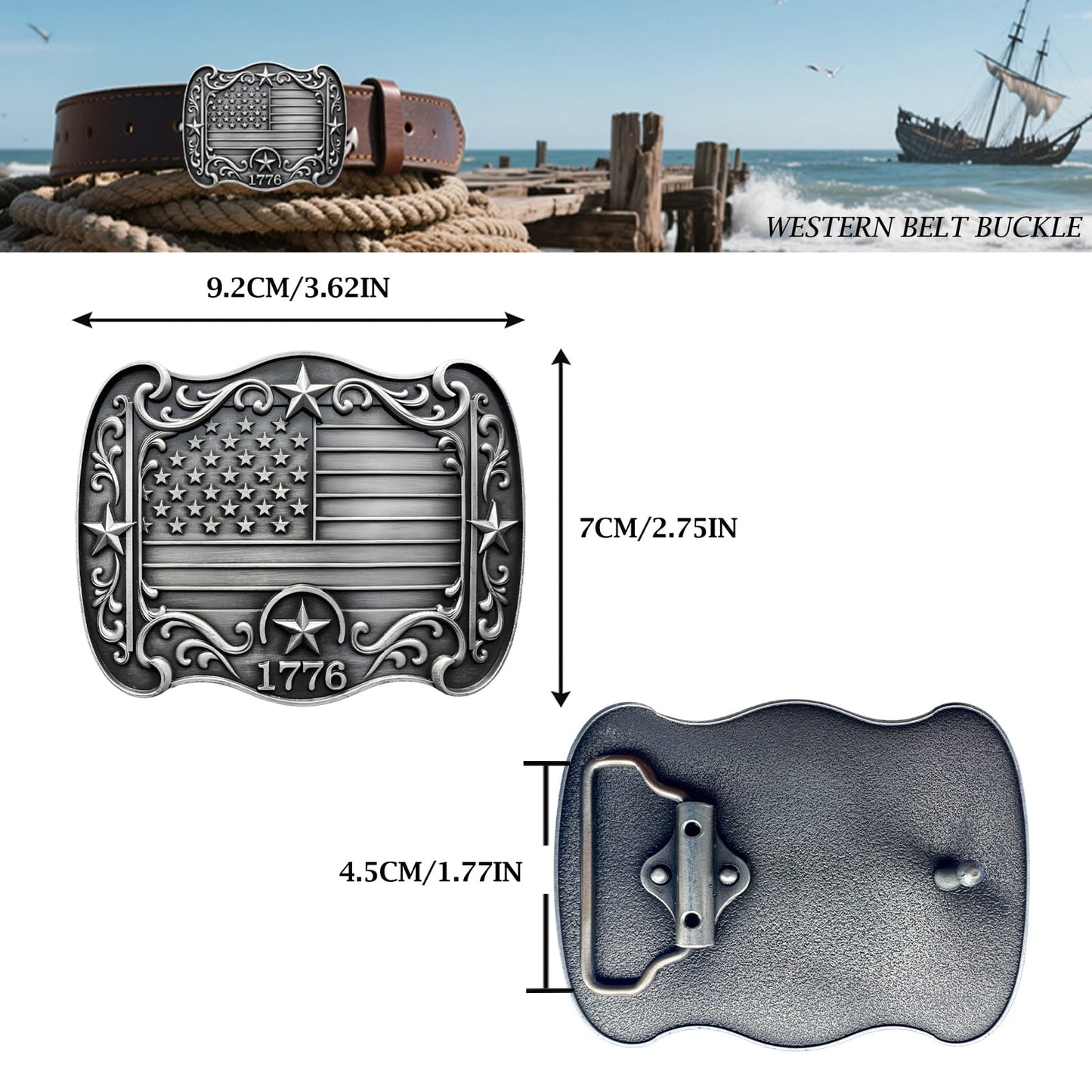 GRAERRY Western Belt Buckle for Men Women Vintage Rodeo American Flag 1776 Cowboy Belt Buckles 4th of July Parties (Grey)