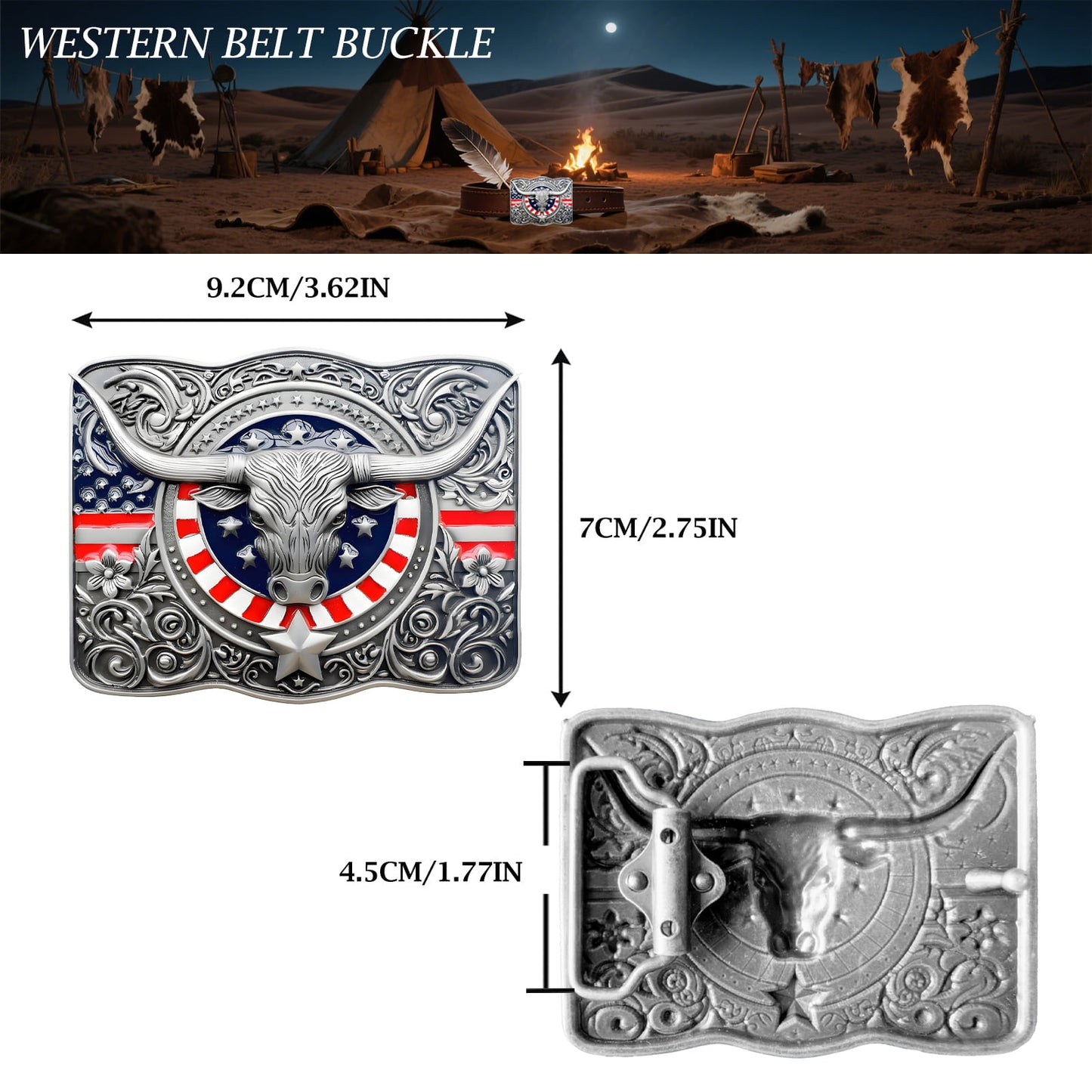 GRAERRY Cowboy Belt Buckle for Men Women Vintage Rodeo Texas Longhorn bull American Flag Western Belt Buckles (Color Grey)