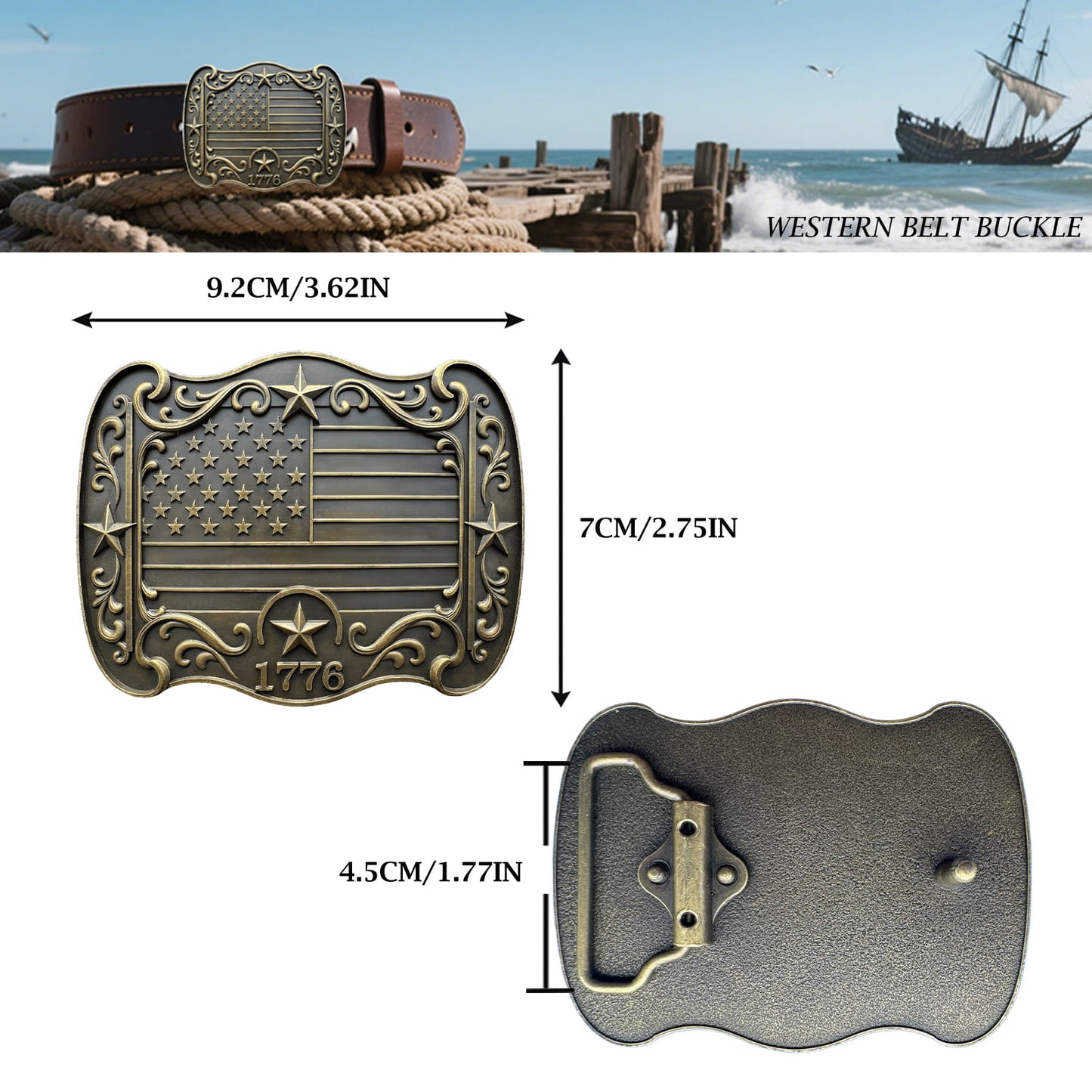 GRAERRY Western Belt Buckle for Men Women Vintage Rodeo American Flag 1776 Cowboy Belt Buckles 4th of July Parties (Bronze)