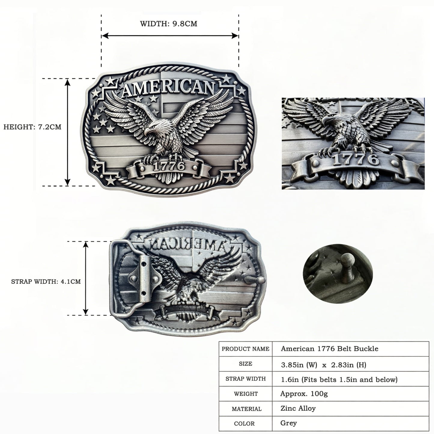 GRAERRY American 1776 Patriotic Belt Buckle, US Flag Eagle Vintage Rodeo Western Cowboy Belt Buckles for Men (Grey)
