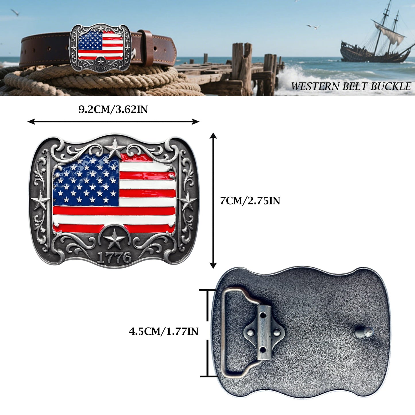 GRAERRY Western Belt Buckle for Men Women Vintage Rodeo American Flag 1776 Cowboy Belt Buckles 4th of July Parties (Color Grey)