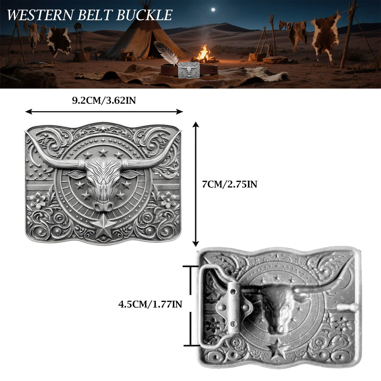 GRAERRY Cowboy Belt Buckle for Men Women Vintage Rodeo Texas Longhorn bull American Flag Western Belt Buckles (Grey)