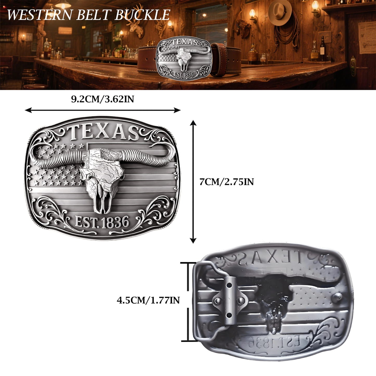 GRAERRY Cowboy Belt Buckle for Men Women Vintage Rodeo Texas Map 1836 Longhorn bull Western Belt Buckles (Grey)