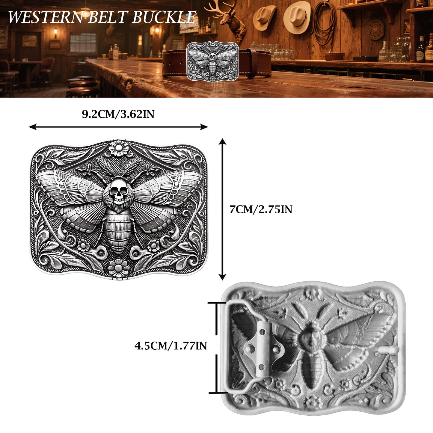 GRAERRY Cowboy Belt Buckle for Men Women Vintage Rodeo Ghost Skull Death Head Moth Western Belt Buckles (Grey)