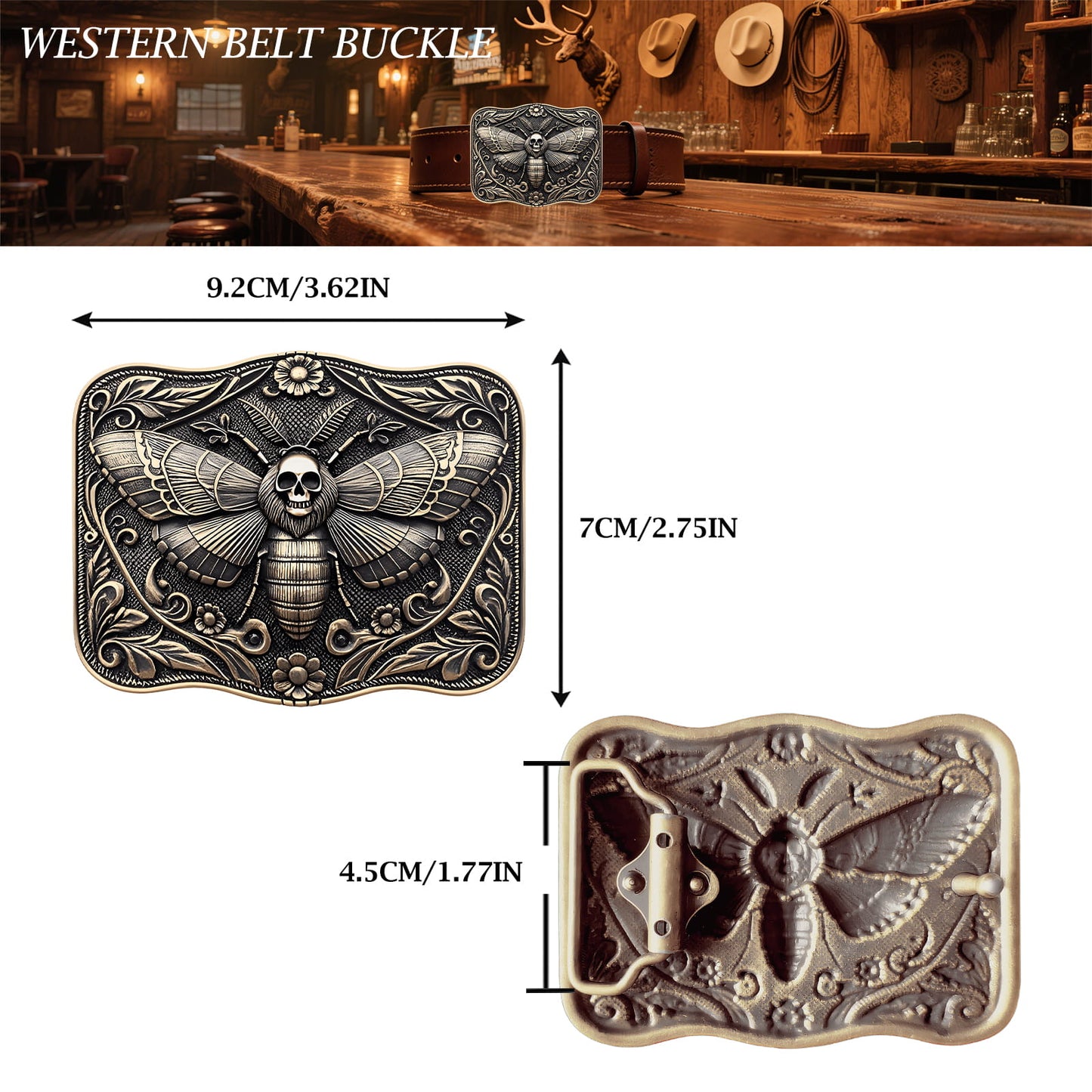 GRAERRY Cowboy Belt Buckle for Men Women Vintage Rodeo Ghost Skull Death Head Moth Western Belt Buckles (Bronze)