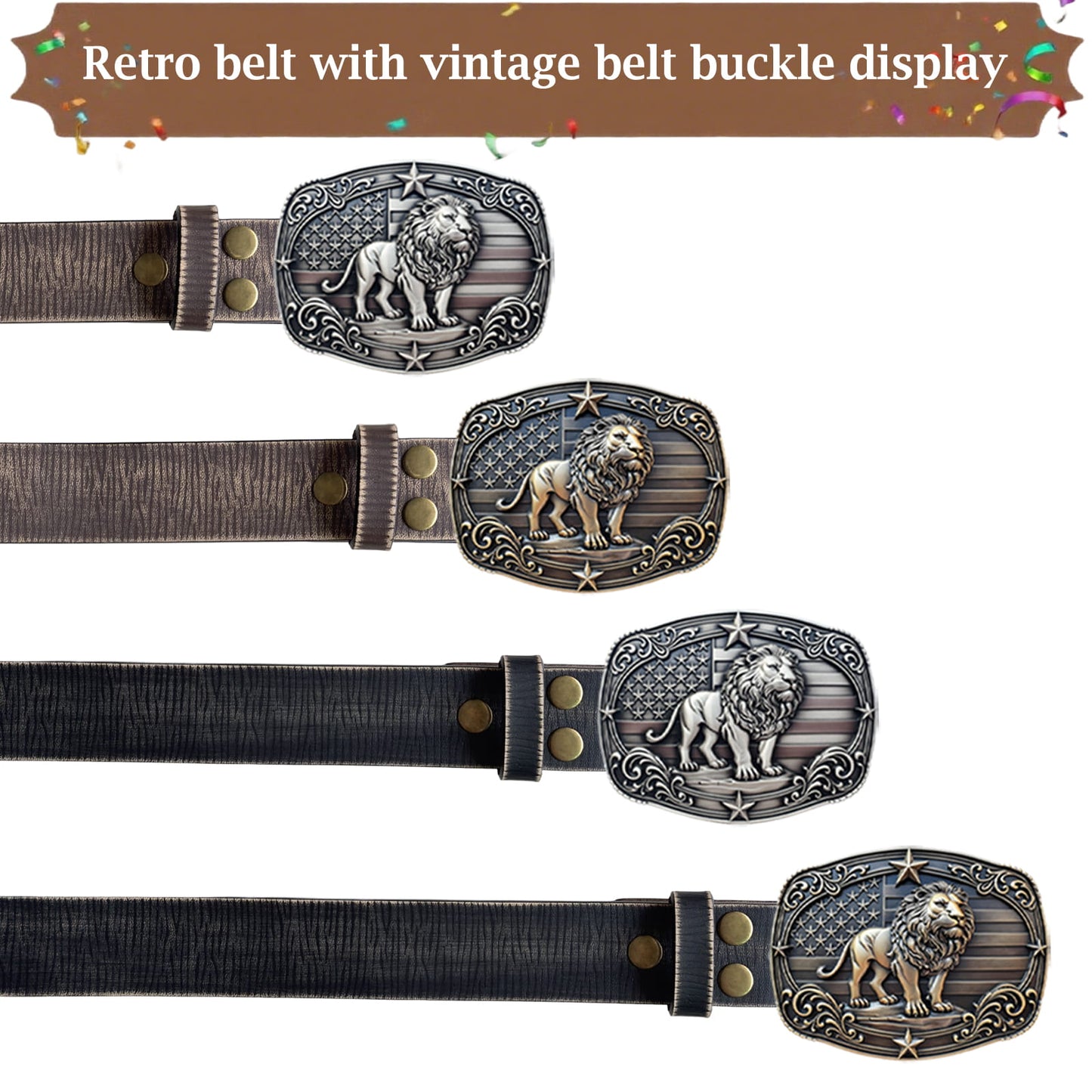 GRAERRY Western Belt Buckles for Men, 3D Lion American Flag, Vintage Zinc Alloy, Cowboy Rodeo Belt Buckle Accessory (Bronze)