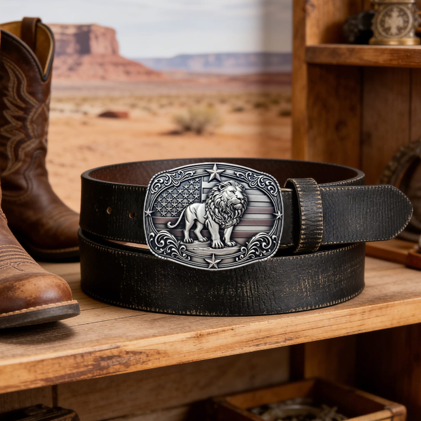 GRAERRY Western Belt Buckles for Men, 3D Lion American Flag, Vintage Zinc Alloy, Cowboy Rodeo Belt Buckle Accessory (Gre