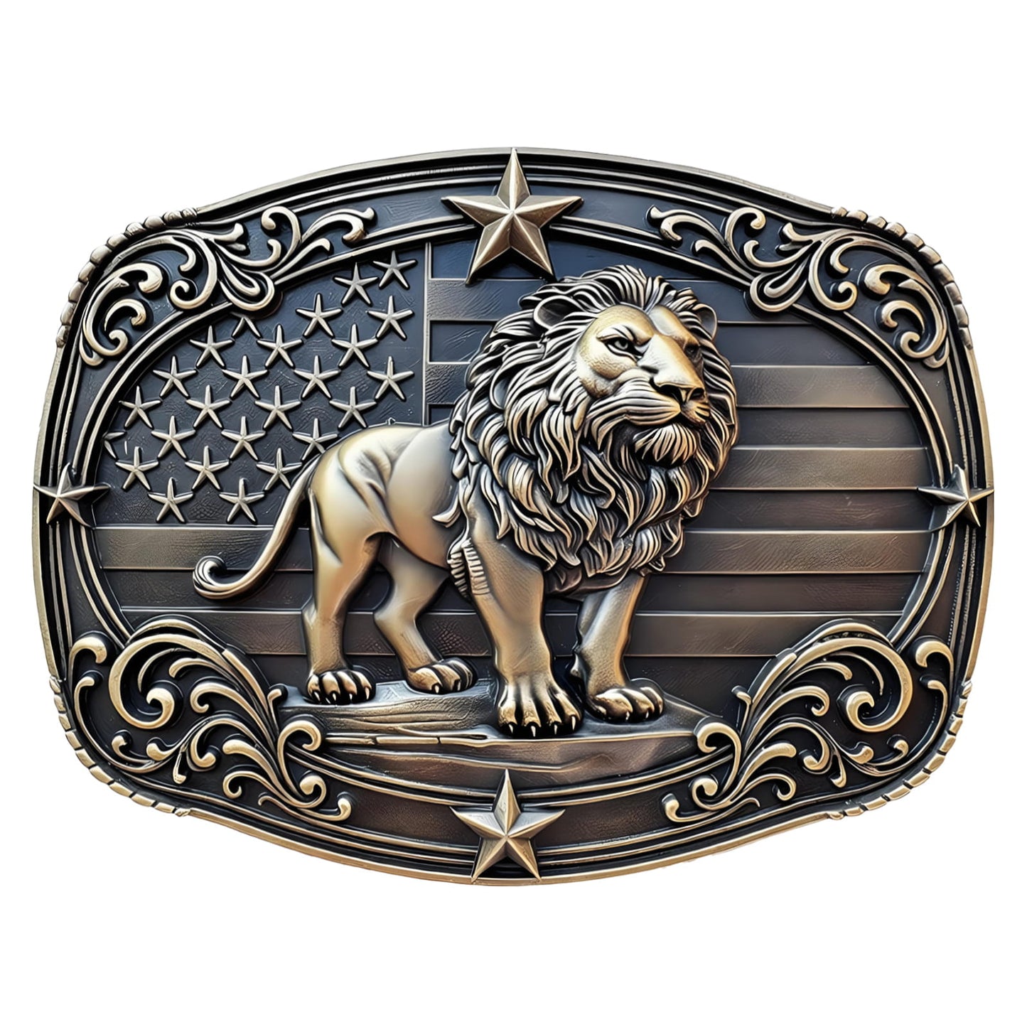 GRAERRY Western Belt Buckles for Men, 3D Lion American Flag, Vintage Zinc Alloy, Cowboy Rodeo Belt Buckle Accessory (Bronze)